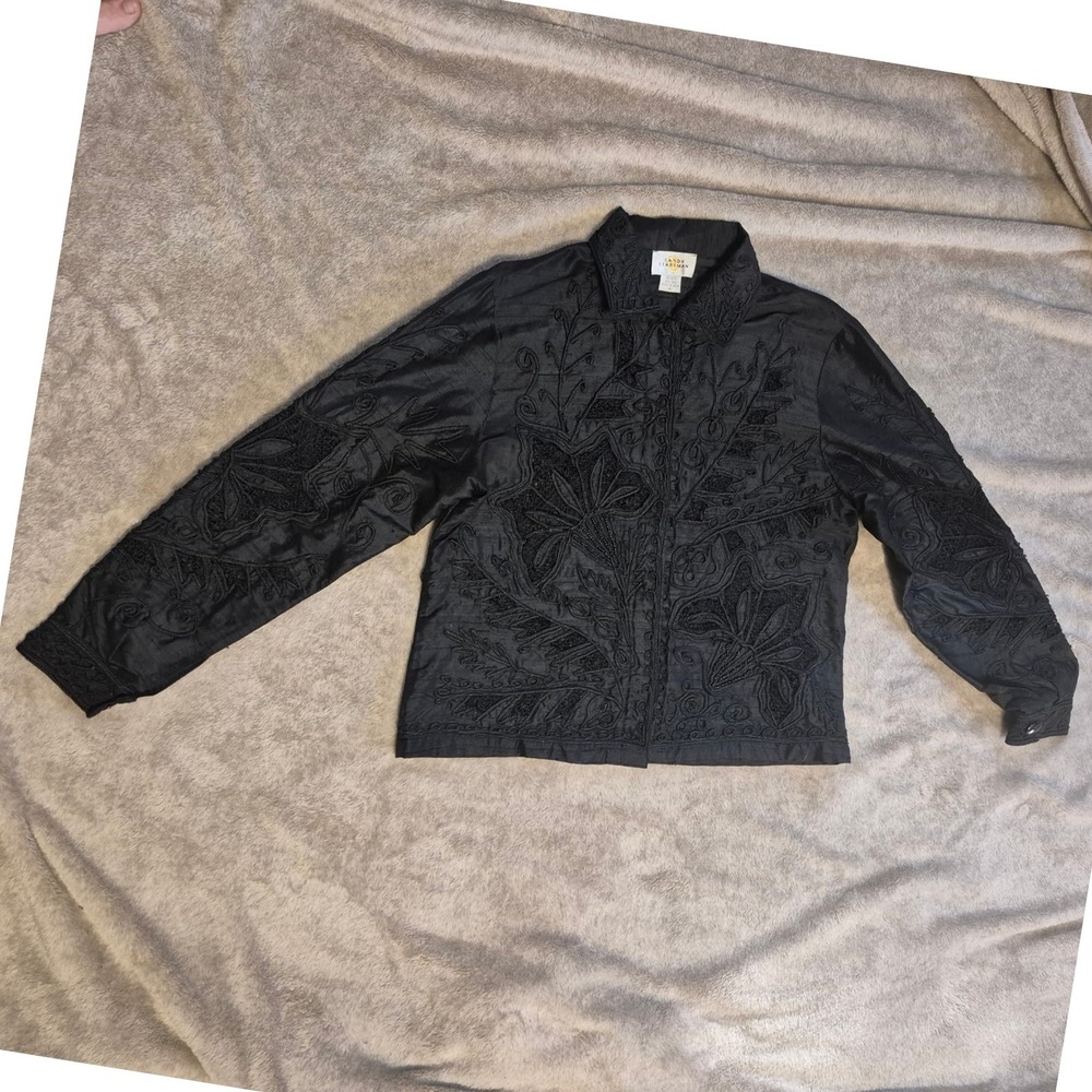 Sandy Starkman Black Silk Embroidered Beaded Jacket Womens Medium Floral Artwear